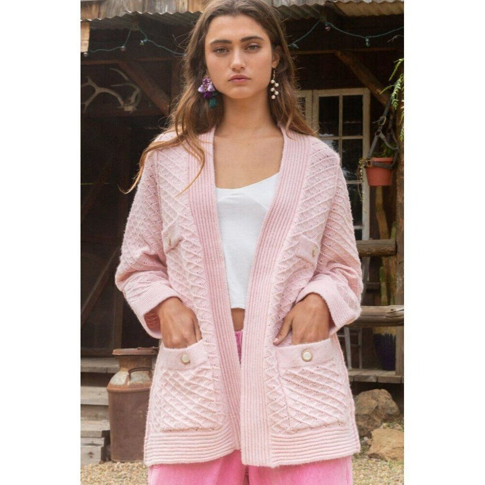 POL Clothing Women's Baby Pink Luxe Open Cardigan Sweater with Buttons YST174 - Picture 2 of 12